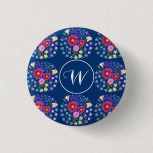 Macaron Rond 2,50 Cm Bouquet de fleurs bouton bleu