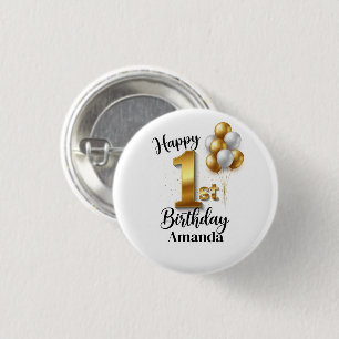 Macaron Rond 2,50 Cm Bouton à broche anniversaire 1 an Ballons en Or