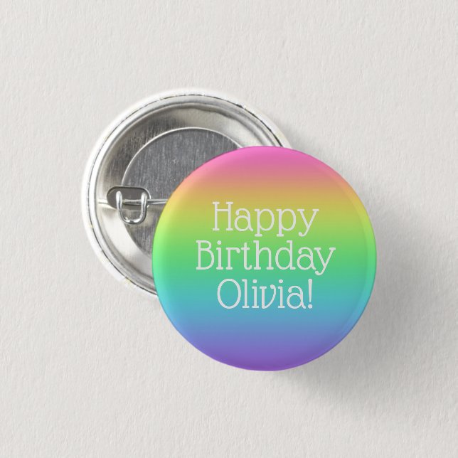 Macaron Rond 2,50 Cm Bouton arc-en-ciel d'anniversaire heureux personna (Devant & derrière)