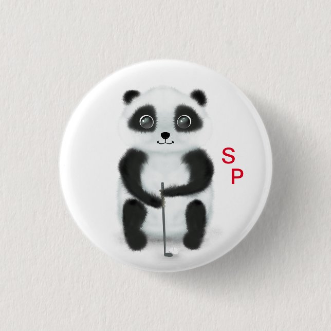 Macaron Rond 2,50 Cm Bouton avec golf jouant panda (Devant)