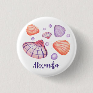 Macaron Rond 2,50 Cm Bouton Balise Nom des coquillages aquarelle
