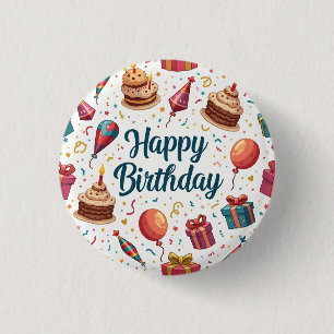 Macaron Rond 2,50 Cm Bouton d'anniversaire heureux avec ballons et gâte