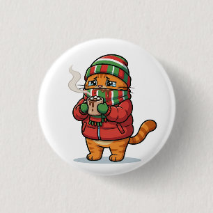 Macaron Rond 2,50 Cm Bouton de chat d'hiver mignon buvant un café chaud