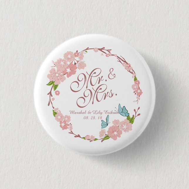 Macaron Rond 2,50 Cm Bouton de Pin de M. et de Mme Elegant Floral (Devant)