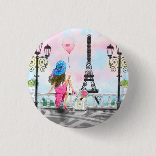 Macaron Rond 2,50 Cm Bouton Femme à Paris avec Tour Eiffel