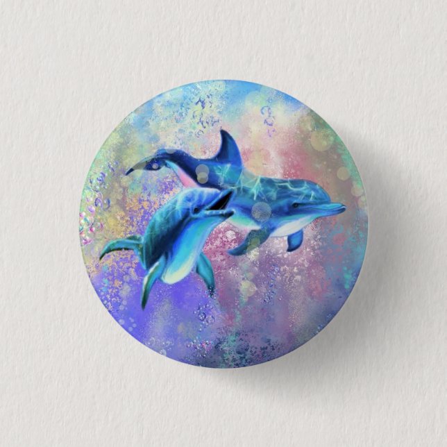 Macaron Rond 2,50 Cm Bouton Joyeux Dolphin Couple - Famille - Peinture (Devant)