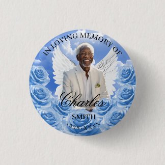 Macaron Rond 2,50 Cm Bouton Mémorial Ciel Roses Bleues Ailes d'Ange