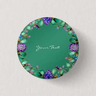 Macaron Rond 2,50 Cm Bouton Pinback Feuille vert pourpre pierres précie
