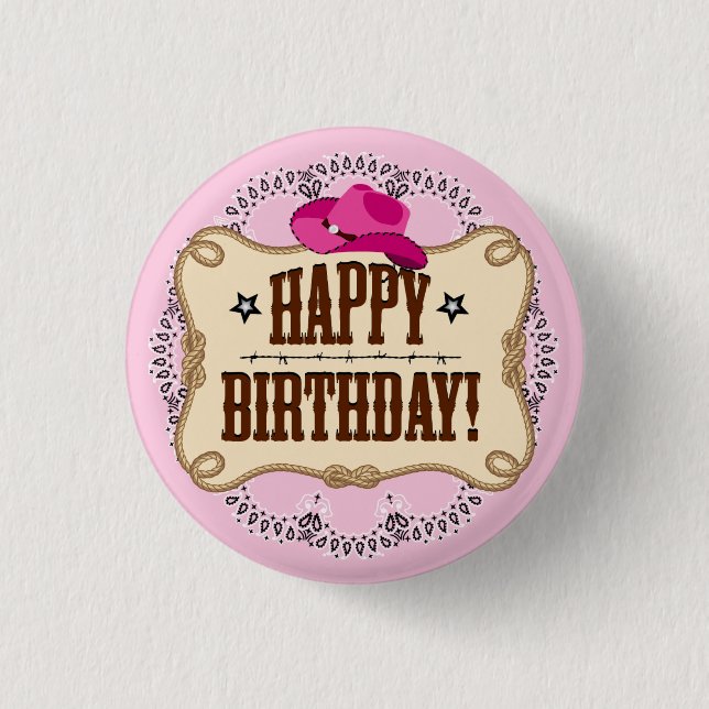 Macaron Rond 2,50 Cm Bouton rose d'anniversaire de cow-girl (Devant)