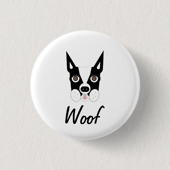 Macaron Rond 2,50 Cm Bouton Woof de Boston Terrier (Devant)
