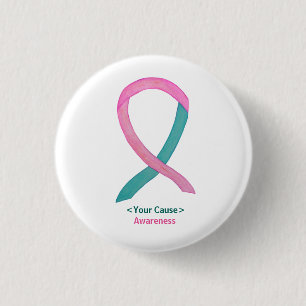 Macaron Rond 2,50 Cm Boutons à ruban rose et Turquoise de sensibilisati