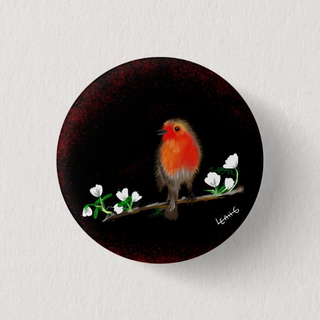 Macaron Rond 2,50 Cm Boutons rouges Robin, dessin d'art original (Devant)