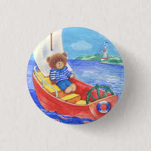 Macaron Rond 2,50 Cm broche pour bébé - ours dans un bateau sur la mer