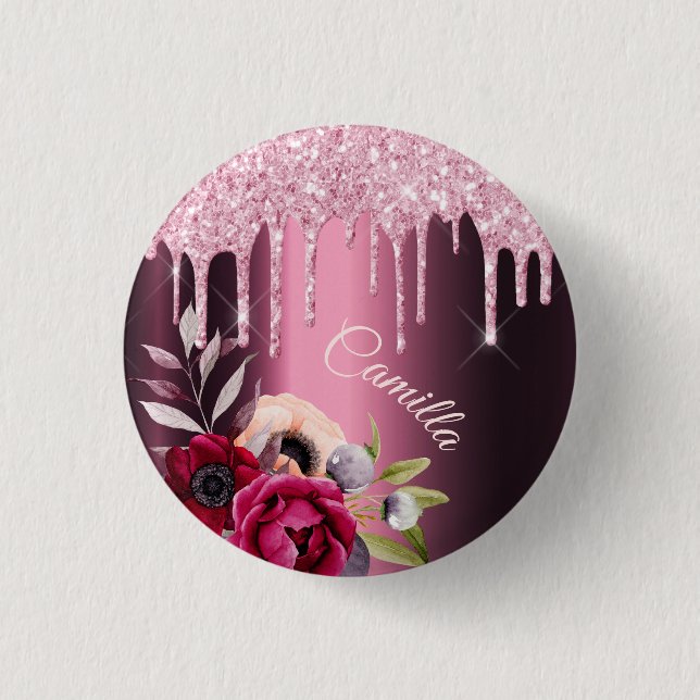 Macaron Rond 2,50 Cm Burgundy rose parties scintillant goutte métal nom (Devant)