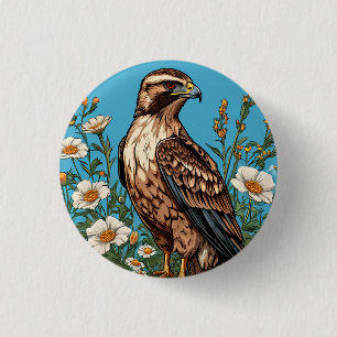 Macaron Rond 2,50 Cm Buse commune Oiseau parmi les fleurs épanouies