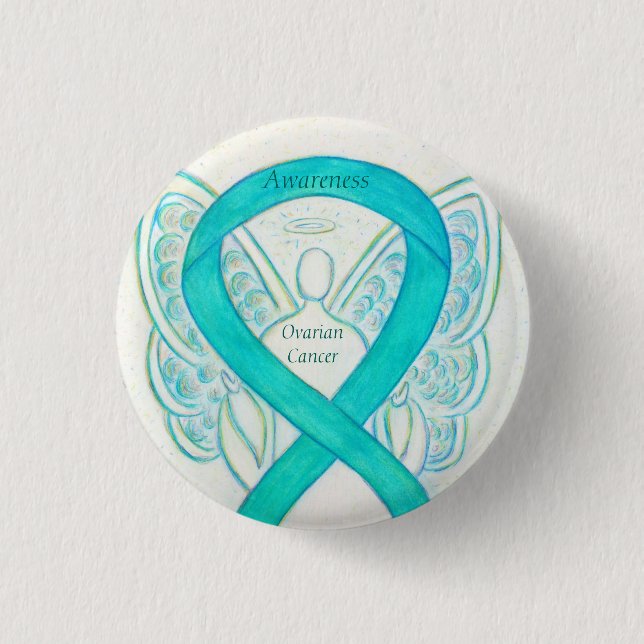Macaron Rond 2,50 Cm Cancer de l'ovaire Sensibilisation Turquoise Ruban (Devant)