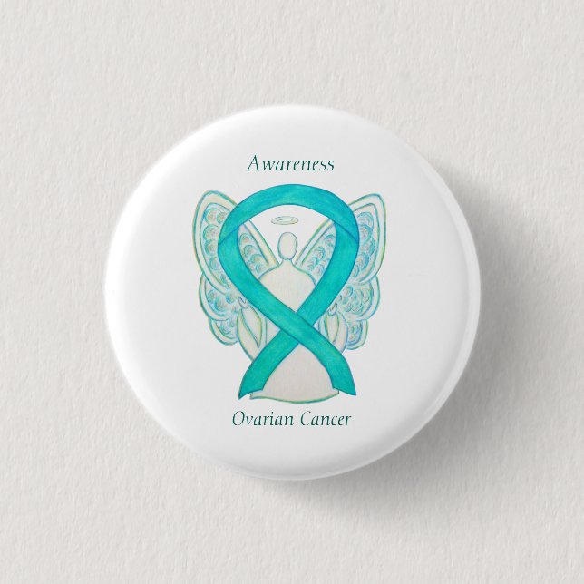 Macaron Rond 2,50 Cm Cancer de l'ovaire Sensibilisation Turquoise Ruban (Devant)
