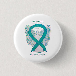Macaron Rond 2,50 Cm Cancer de l'ovaire Sensibilisation Turquoise Ruban