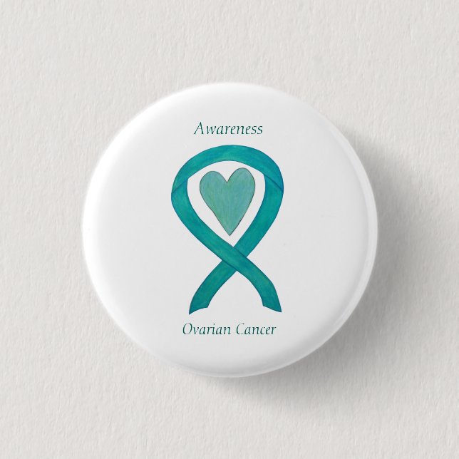 Macaron Rond 2,50 Cm Cancer de l'ovaire Sensibilisation Turquoise Ruban (Devant)