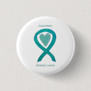 Macaron Rond 2,50 Cm Cancer de l'ovaire Sensibilisation Turquoise Ruban