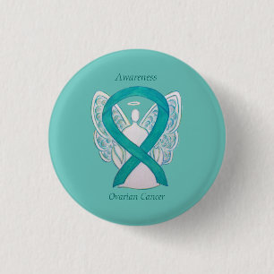 Macaron Rond 2,50 Cm Cancer de l'ovaire Sensibilisation Turquoise Ruban