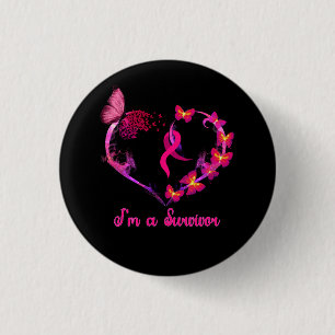 Macaron Rond 2,50 Cm Cancer du sein Je suis un survivant Coeur papillon