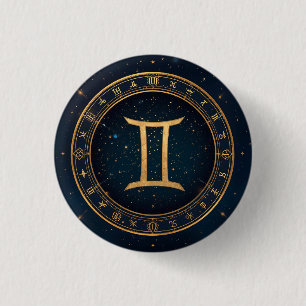 Macaron Rond 2,50 Cm Cercle Zodiacal Gémeaux Dorés avec Nuit Étoilée