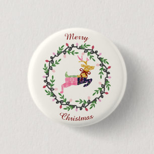 Macaron Rond 2,50 Cm Cerf de Noël joyeux avec couronne personnalisable