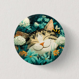 Macaron Rond 2,50 Cm Chat de jardin endormi à l'aquarelle avec fleurs e