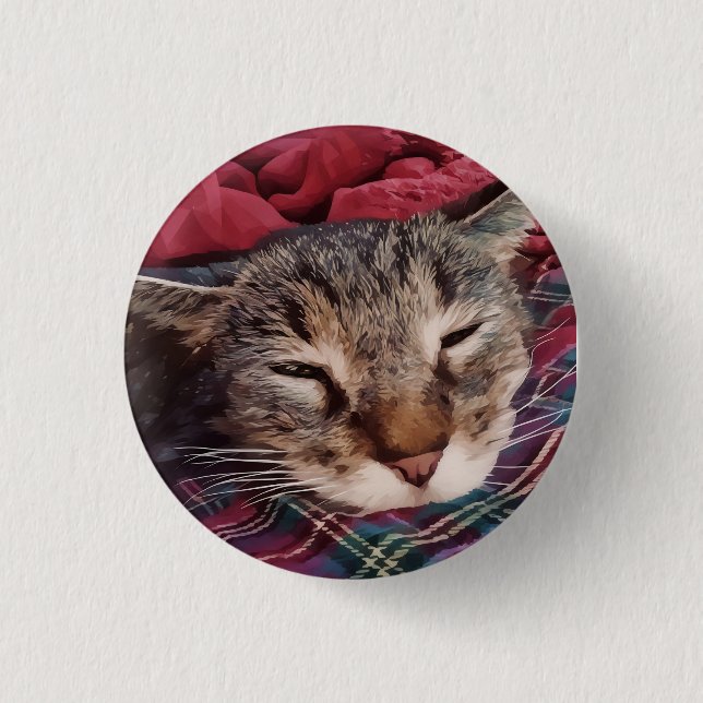 Macaron Rond 2,50 Cm Chat de Noël dormant tabby carreaux flanelle rouge (Devant)