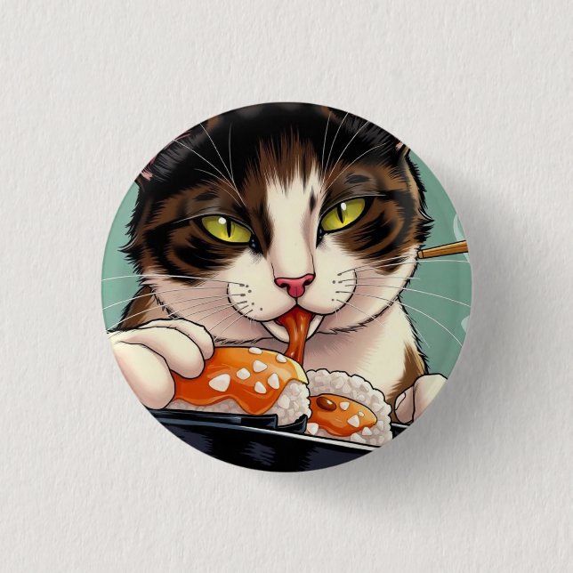 Macaron Rond 2,50 Cm Chat Manger Du Sushi (Devant)