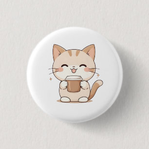 Macaron Rond 2,50 Cm Chat Mignon Buvant du Café Design Kawaii