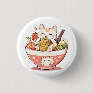 Macaron Rond 2,50 Cm Chat Mignon Mangeant un Bol de Ramen Design Kawaii