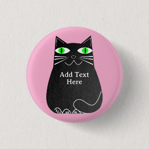 Macaron Rond 2,50 Cm Chat noir gras avec yeux verts Texte personnalisé 
