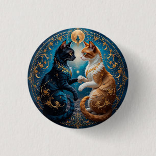 Macaron Rond 2,50 Cm Chats célestes dans l'art cosmique avec or et bleu