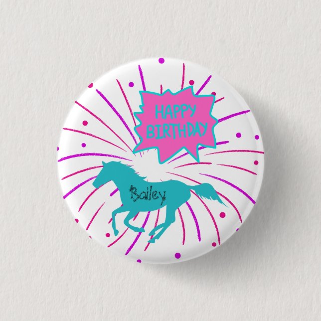 Macaron Rond 2,50 Cm Cheval Joyeux Anniversaire rose violet Turquoise (Devant)