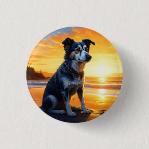 Macaron Rond 2,50 Cm Chien mignon sur la plage au coucher du soleil 