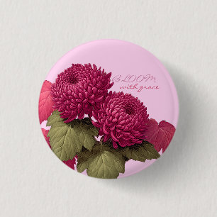 Macaron Rond 2,50 Cm Chrysanthème Botanique Magenta Vintage