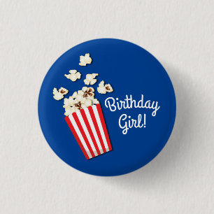 Macaron Rond 2,50 Cm Cinéma Popcorn Fille fête d'anniversaire Bouton