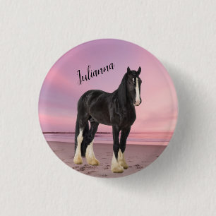 Macaron Rond 2,50 Cm Clydesdale noir et blanc sur la plage au coucher d
