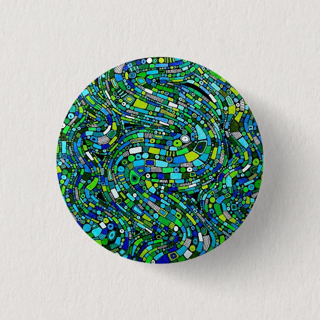 Macaron Rond 2,50 Cm Conception Abstraite Formes Vagues Bleu Vert (Devant)