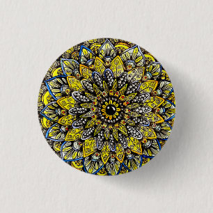 Macaron Rond 2,50 Cm Conception de mandala dessinée à la main jaune ver