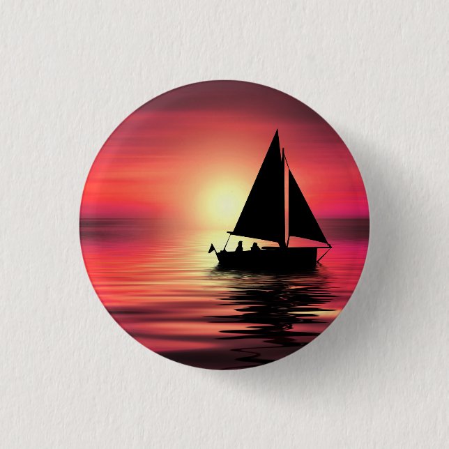 Macaron Rond 2,50 Cm Coucher de soleil, Mer, Bateau à voile (Devant)