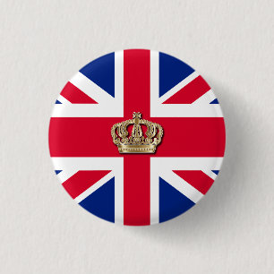 Macaron Rond 2,50 Cm Couronne et Union Jack Patriotique 3 Cm Insigne ro