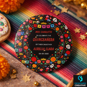 Macaron Rond 2,50 Cm Couronne florale de fête mexicaine noire en or Qui