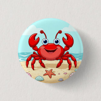 Macaron Rond 2,50 Cm Crabe de dessin animé rouge joyeux sur une plage a