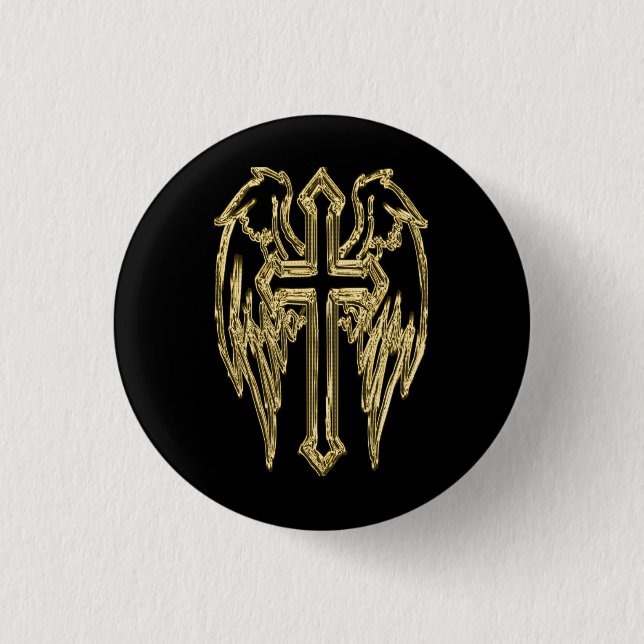 Macaron Rond 2,50 Cm Croix catholique d'or avec des ailes (Devant)