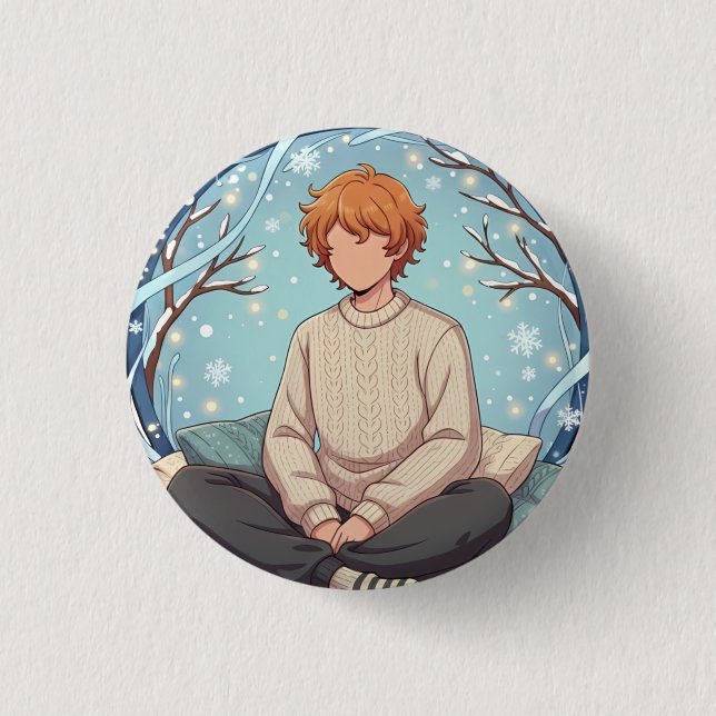 Macaron Rond 2,50 Cm Cute Anime Boy Drinking Coffee in Winter (Devant)