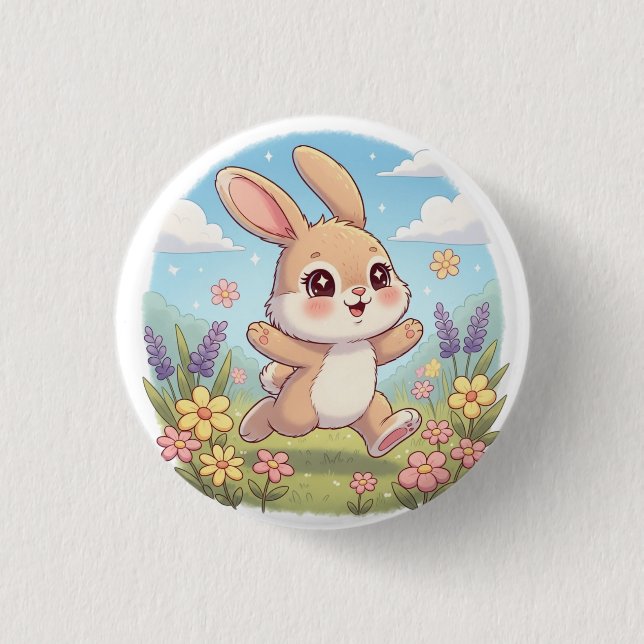 Macaron Rond 2,50 Cm Cute Bunny Hopping in a Flower Field (Devant)