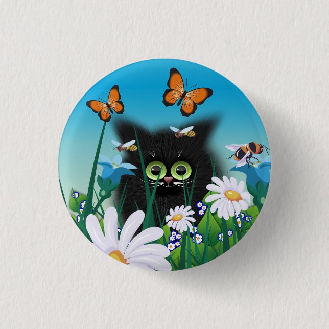 Macaron Rond 2,50 Cm Cute Fluffy Black Kitten et Daisy Art (Devant)